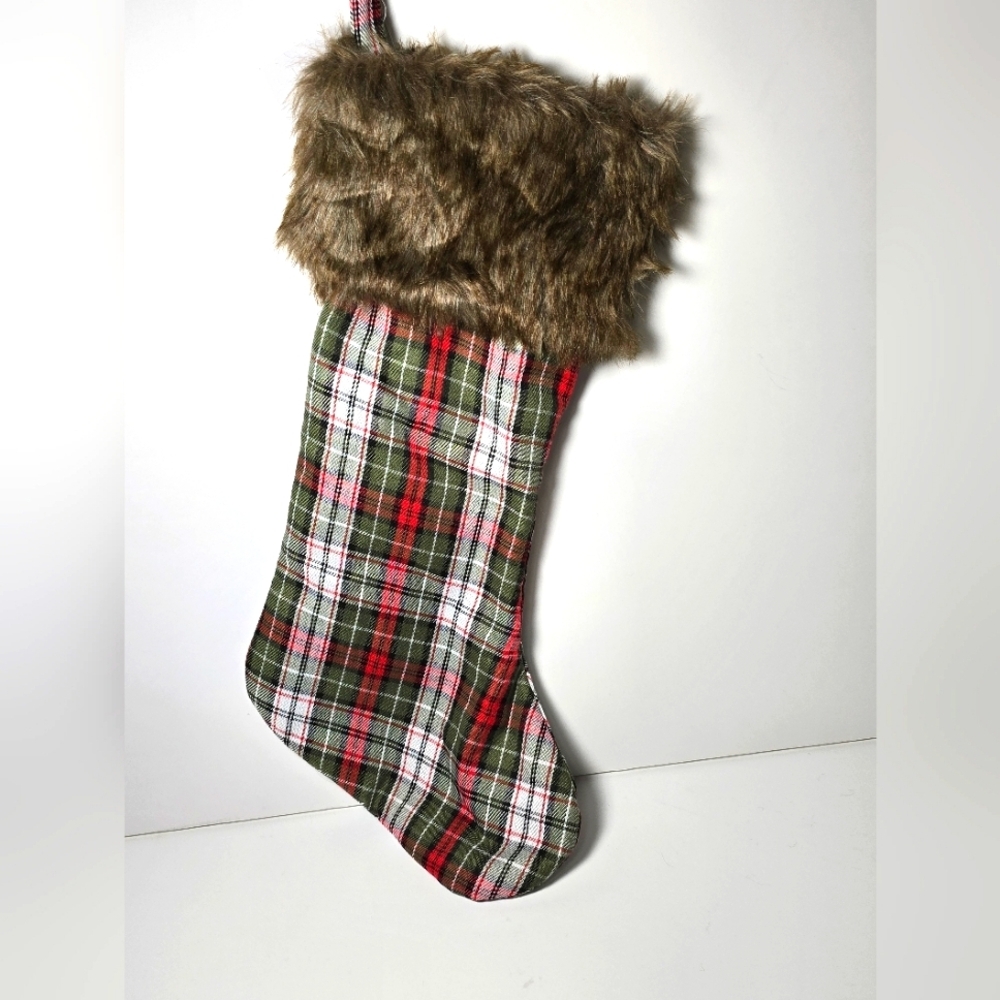 Christmas stocking green red plaid multi faux fur nwt